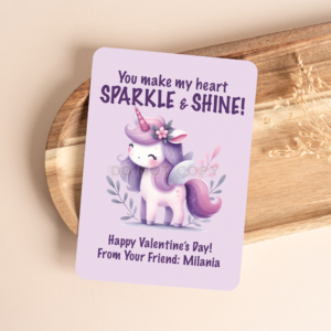 PRINTED PERSONALIZED PURPLE UNICORN VALENTINE'S DAY CARDS - (A2 SIZE 4.25″ x 5.5″)