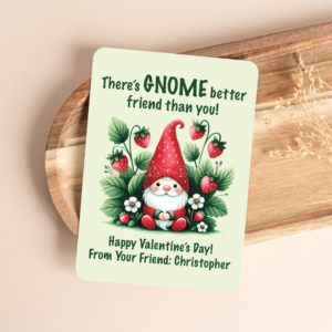 PRINTED PERSONALIZED STRAWBERRY GNOME VALENTINE'S DAY CARDS - (A2 SIZE 4.25″ x 5.5″)