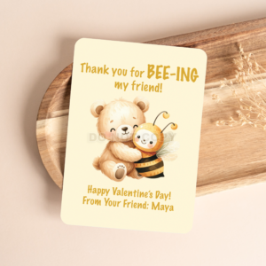 PRINTED PERSONALIZED YELLOW BEE & BEAR VALENTINE'S DAY CARDS - (A2 SIZE 4.25″ x 5.5″)