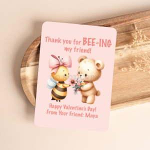 PRINTED PERSONALIZED PINK BEE AND BEAR VALENTINE'S DAY CARDS - (A2 SIZE 4.25″ x 5.5″)
