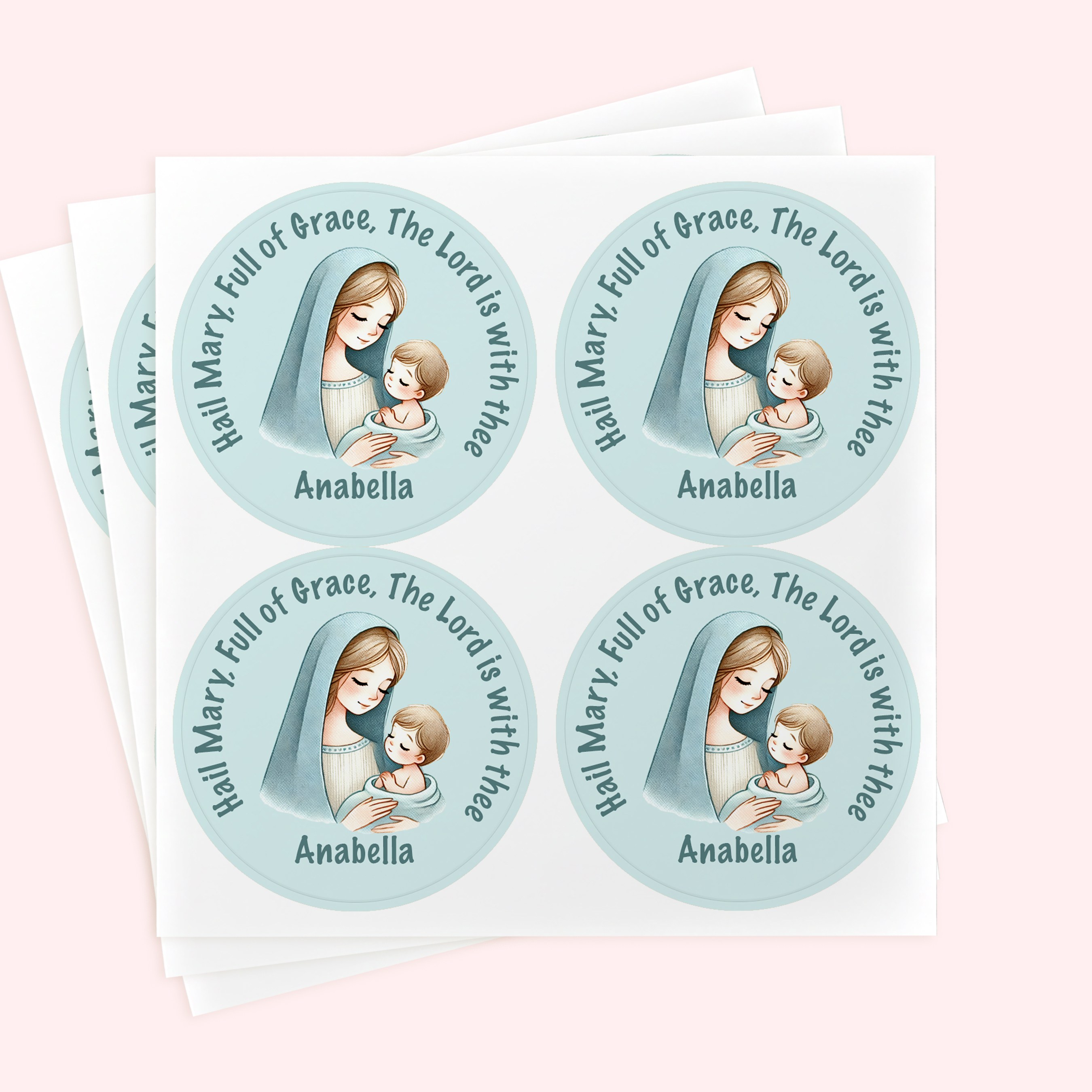 Personalized 2" Round Aqua Hail Mary Sticker Set