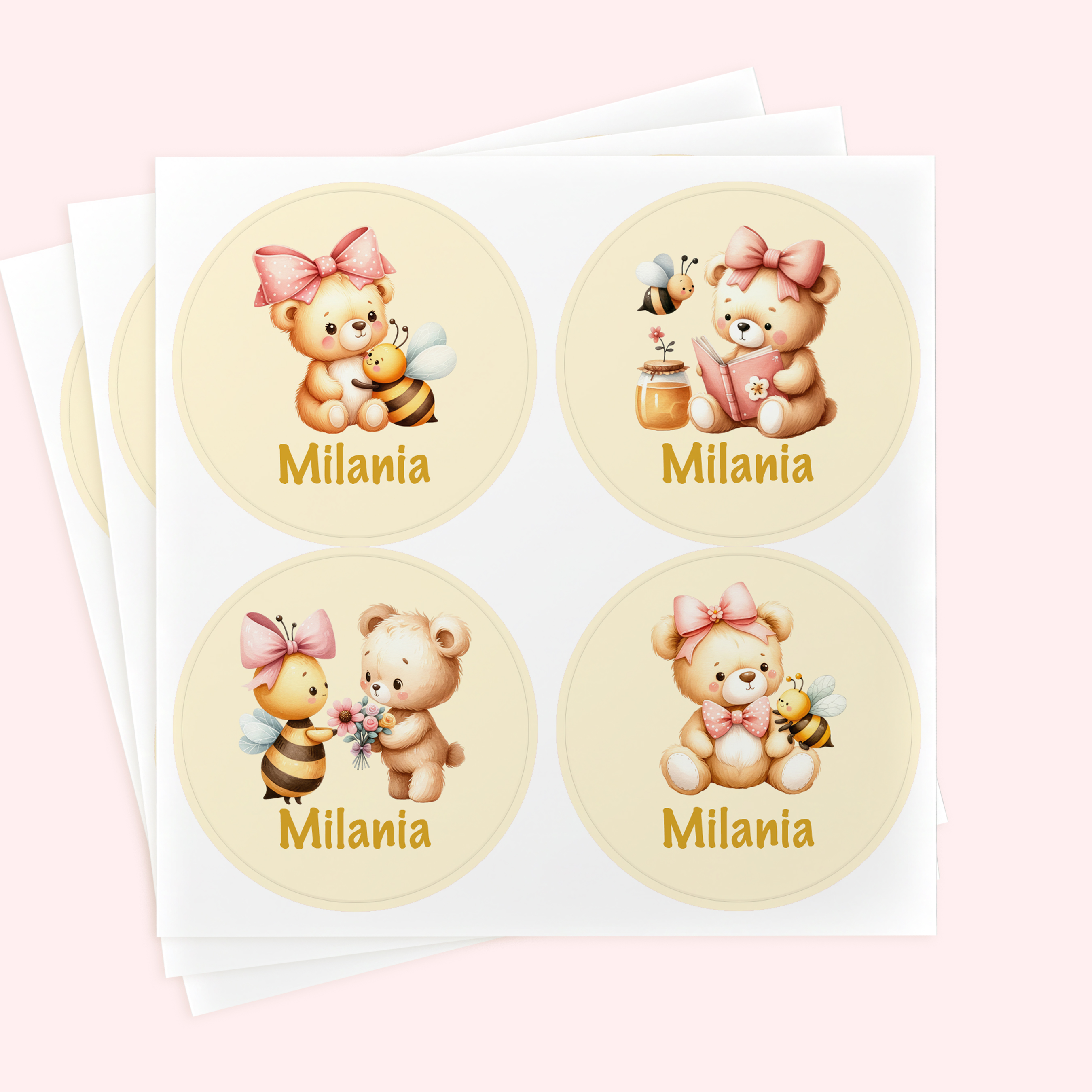 Personalized 2" Round Bee and Bear Sticker Set