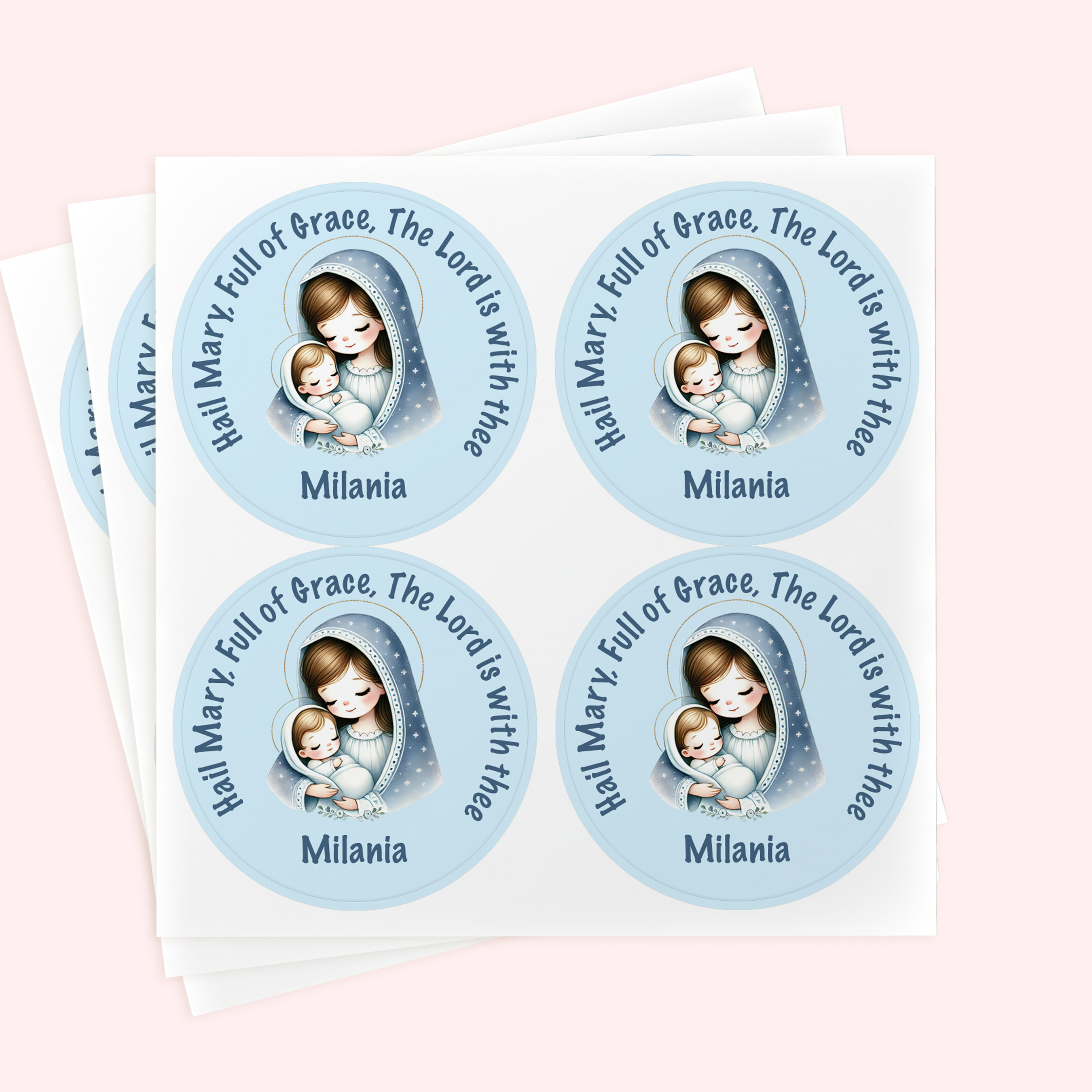 Personalized 2" Round Blue Hail Mary Sticker Set