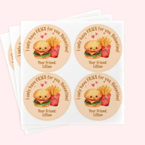 Personalized 2" Round Kawaii Burger & Fries Valentine's Day Sticker Set