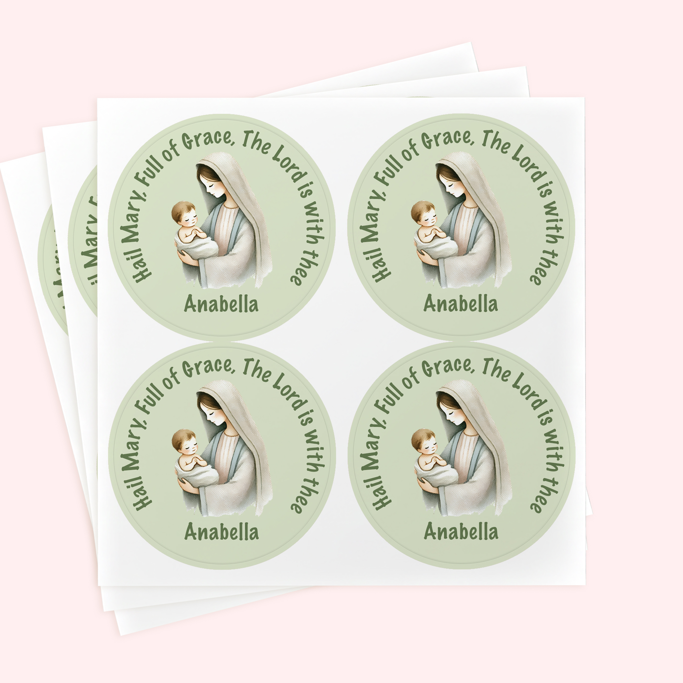 Personalized 2" Round Green Hail Mary Sticker Set