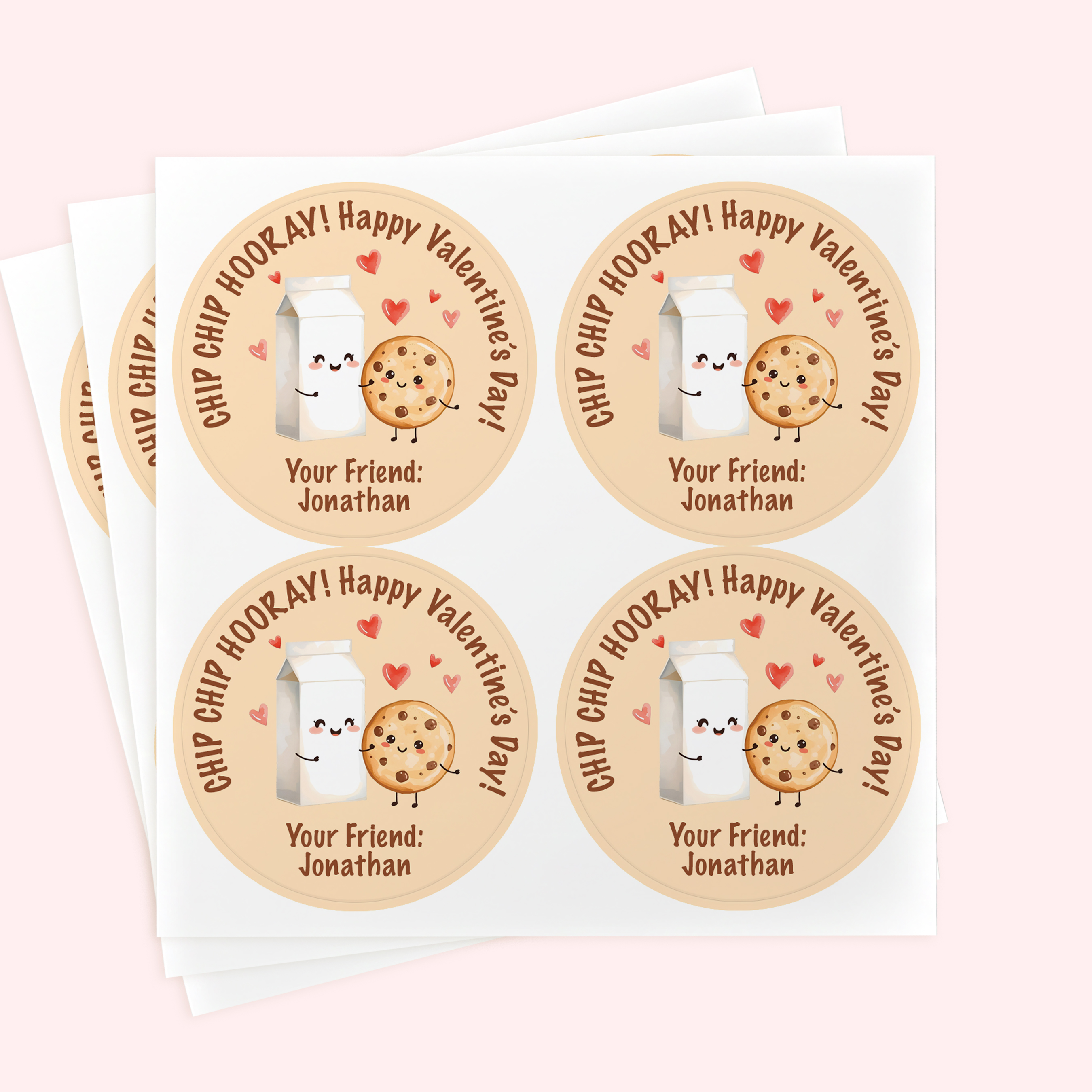 Personalized 2" Round Kawaii Milk & Cookies Valentine's Day Sticker Set