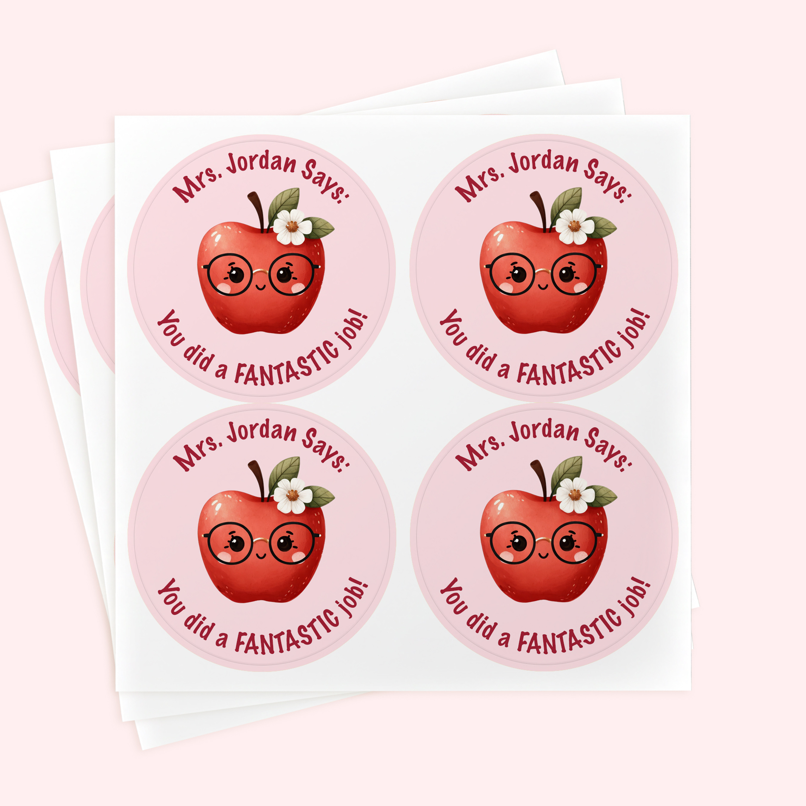 Personalized 2" Round Pink Apple Teacher Book Sticker Set