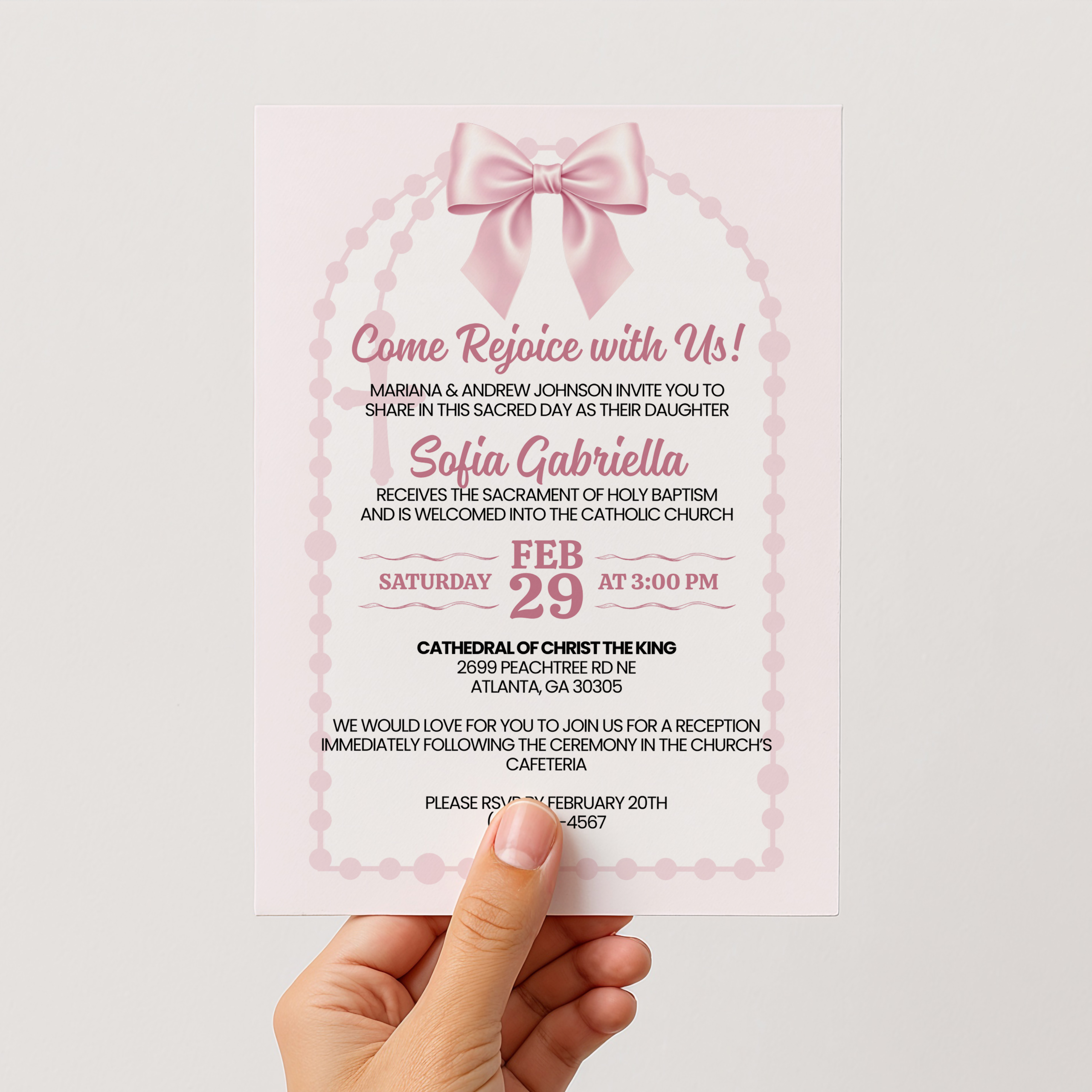 Pink Baptism Invitation  | 5" x 7" Invitation Canva Template | Downloadable Invite