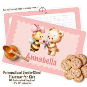 Personalized Kids Pink Honey Bee & Bear Activity Placemat