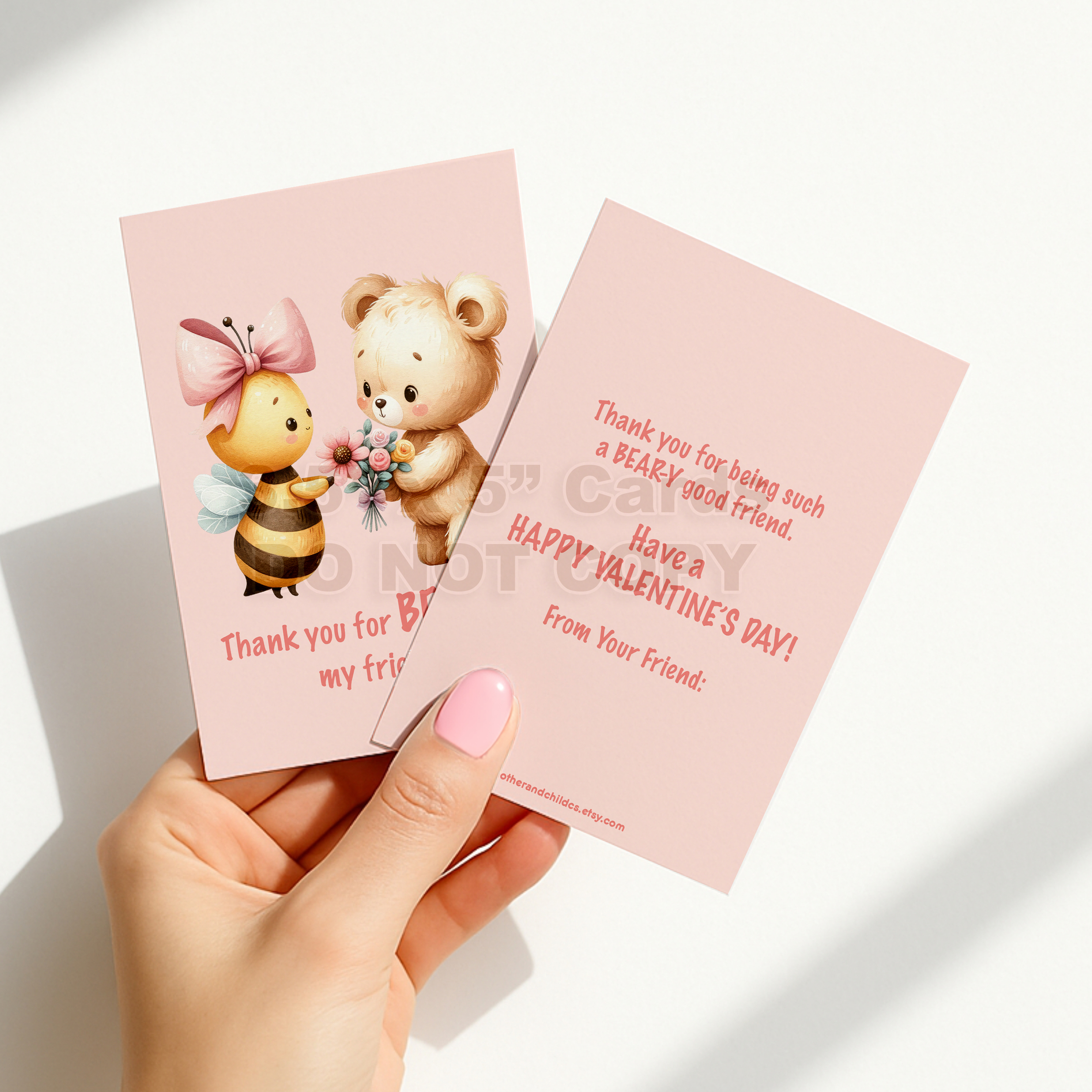 INSTANT Download 3.5" x 5" Non-Personalized Pink Bee and Bear Double-Sided Printable Valentines