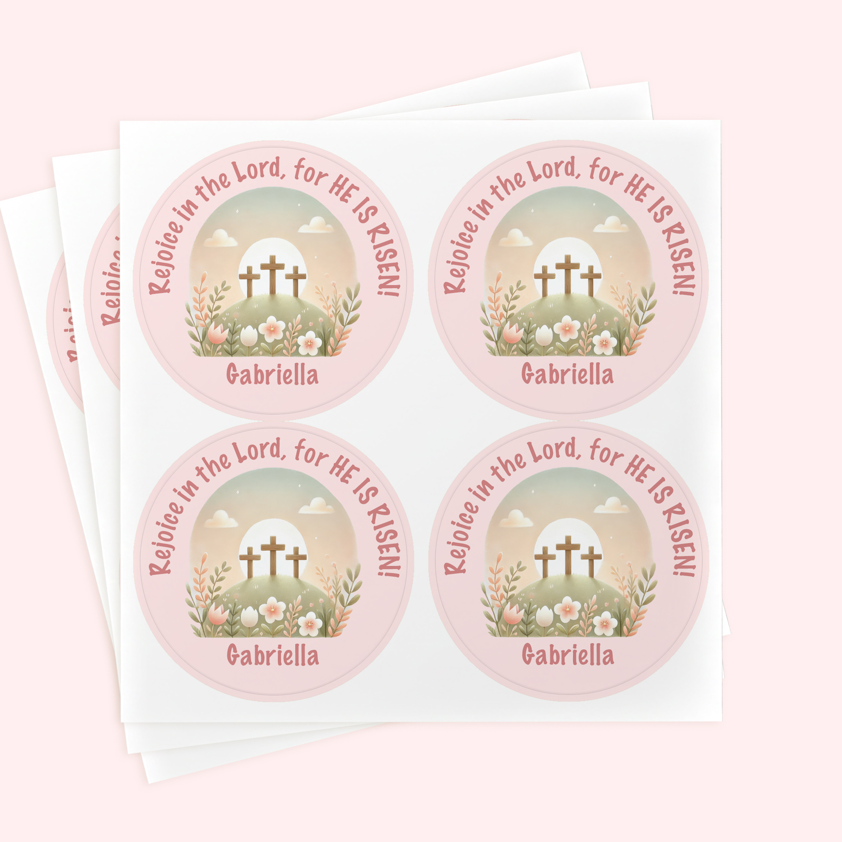 Personalized 2" Round Pink Cross Easter Sticker Set