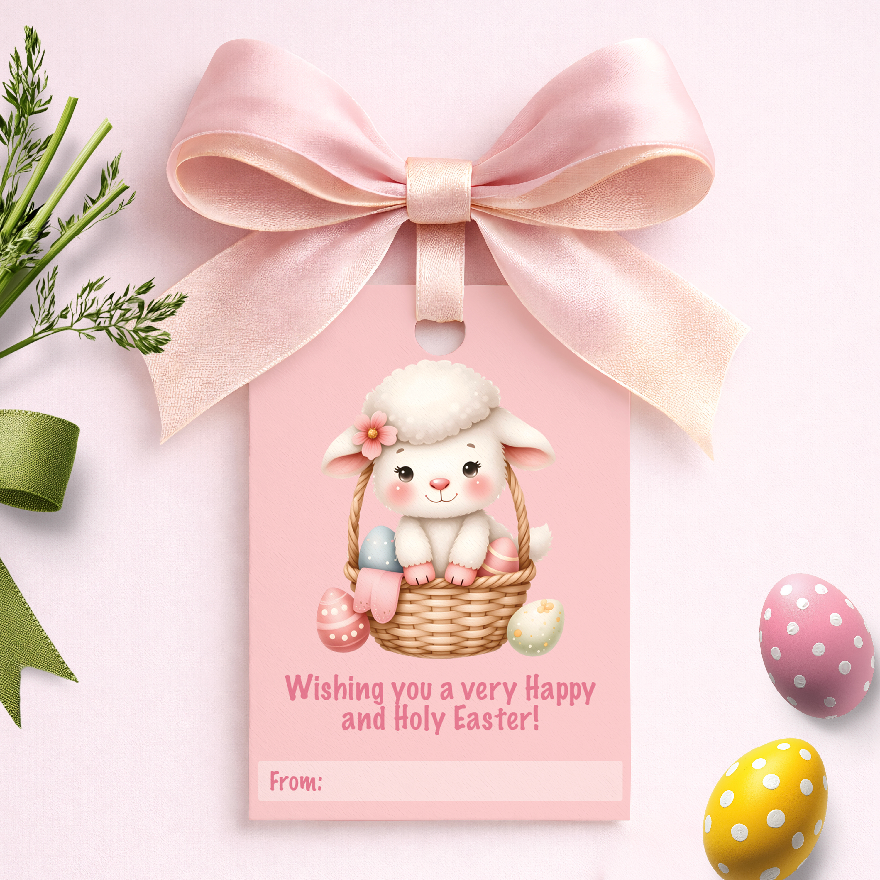 Easter Favor Tag - Pink Easter Basket Lamb