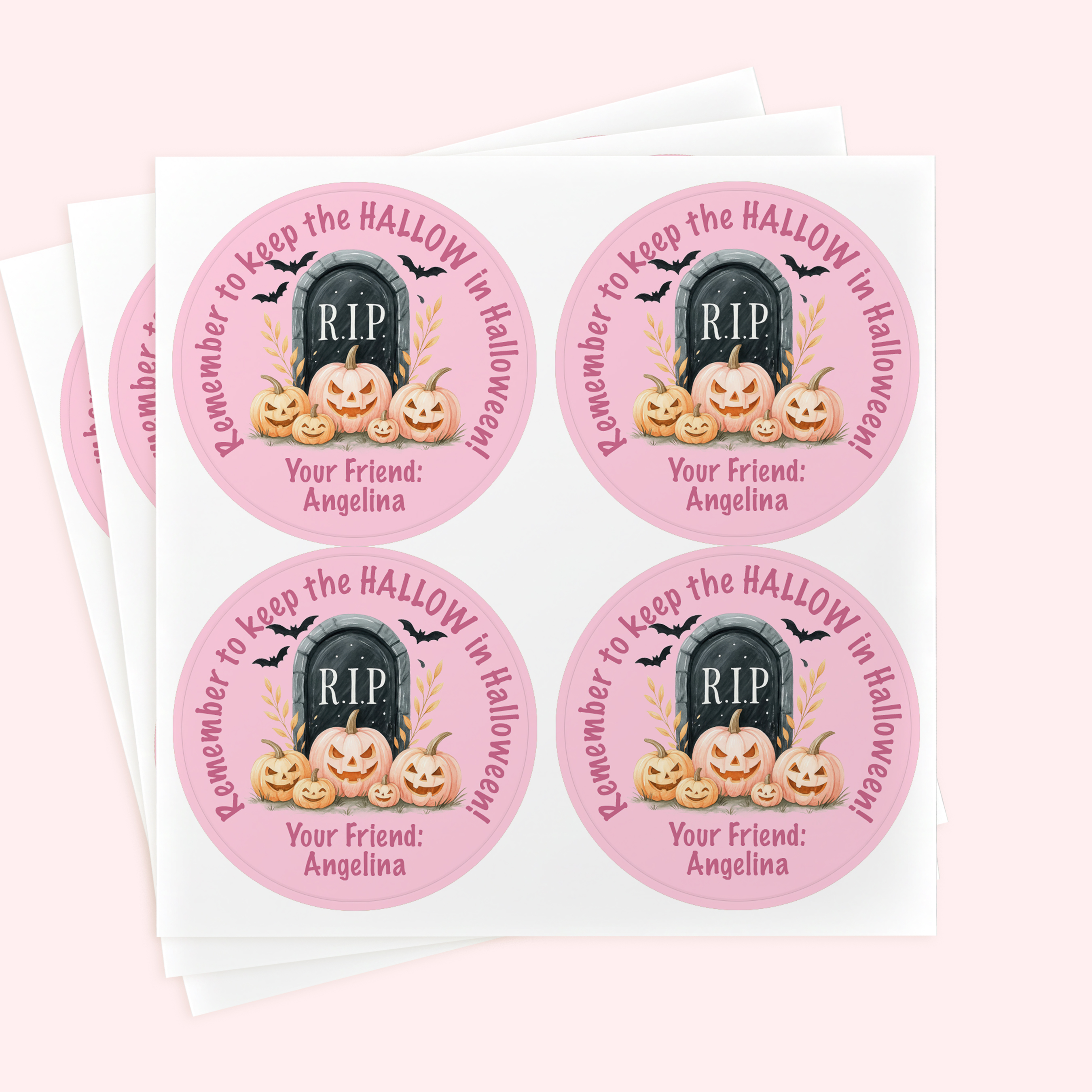Personalized 2" Round Pink Halloween Catholic Sticker Set