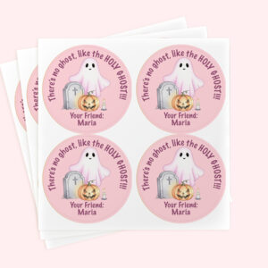 Personalized 2" Round Pink Halloween Ghost Catholic Sticker Set