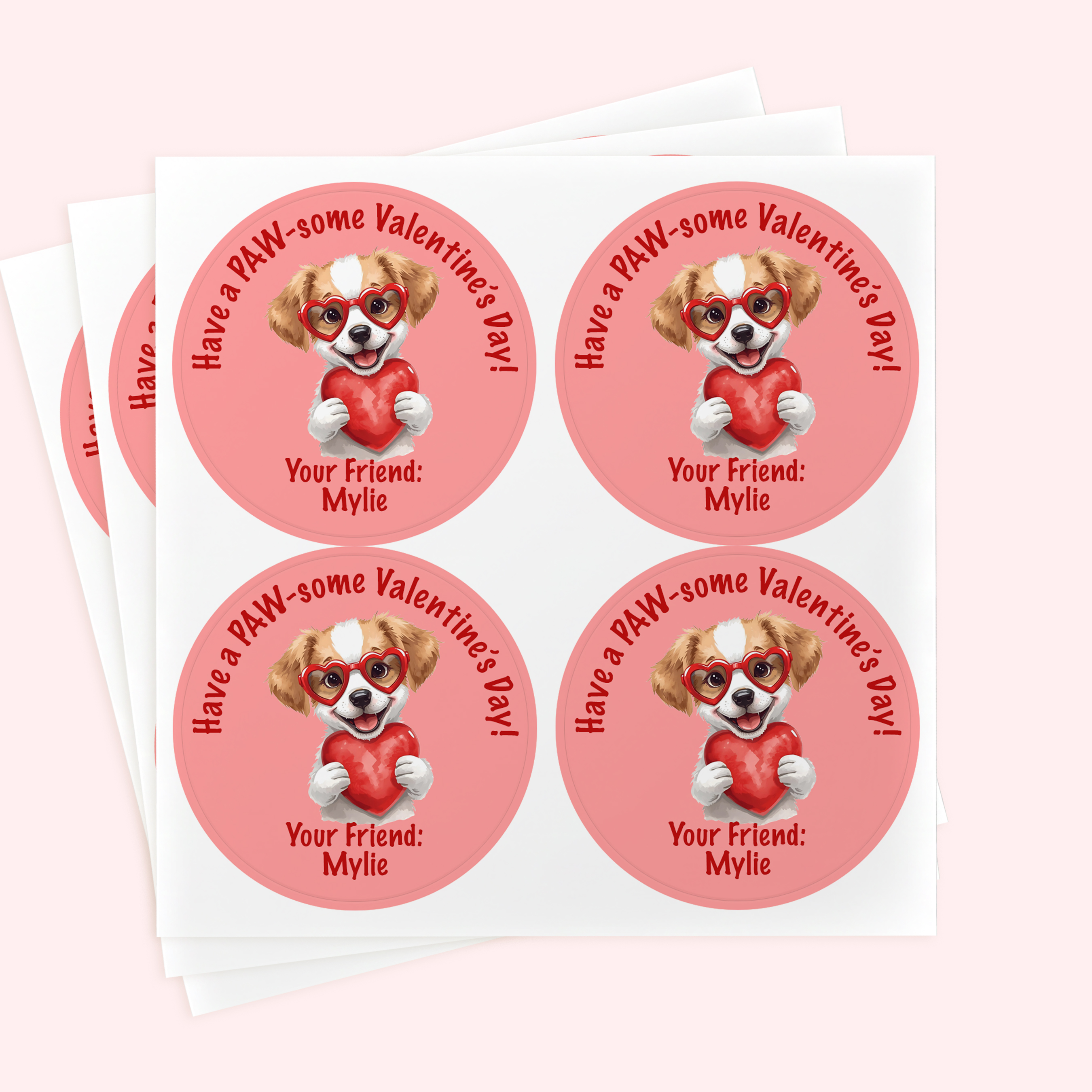Personalized 2" Round Cute Puppy Valentine's Day Sticker Set