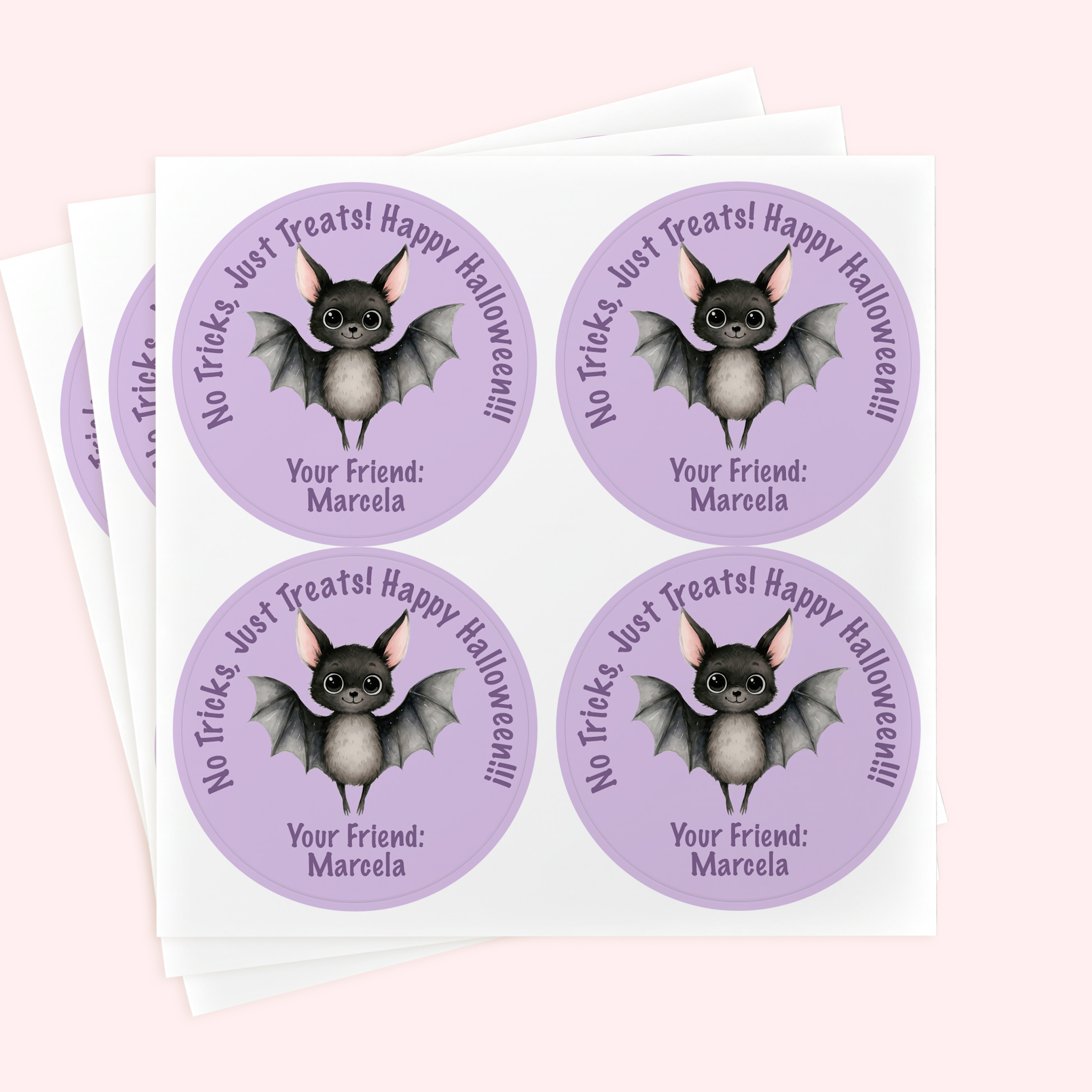 Personalized 2" Round Purple Halloween Bat Catholic Sticker Set