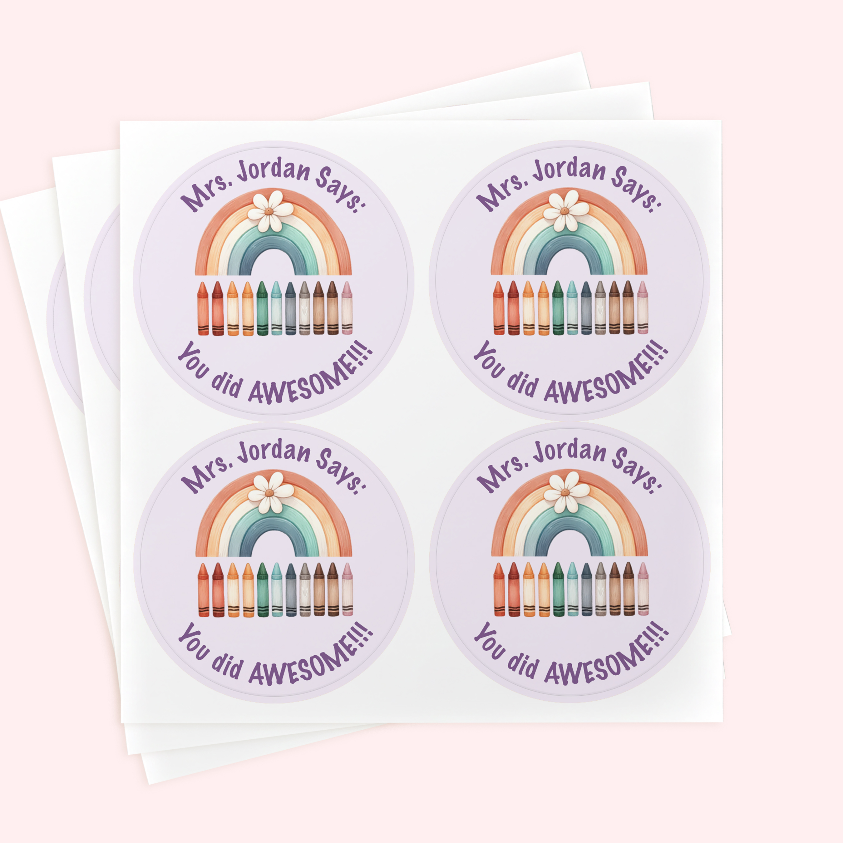 Personalized 2" Round Purple Rainbow Teacher Book Sticker Set