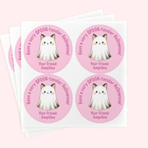 Personalized 2" Round Pink Halloween Cat Ghost Catholic Sticker Set