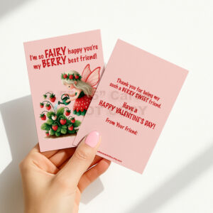 INSTANT Download 3.5" x 5" Non-Personalized Pink Strawberry Fairy Double-Sided Printable Valentines
