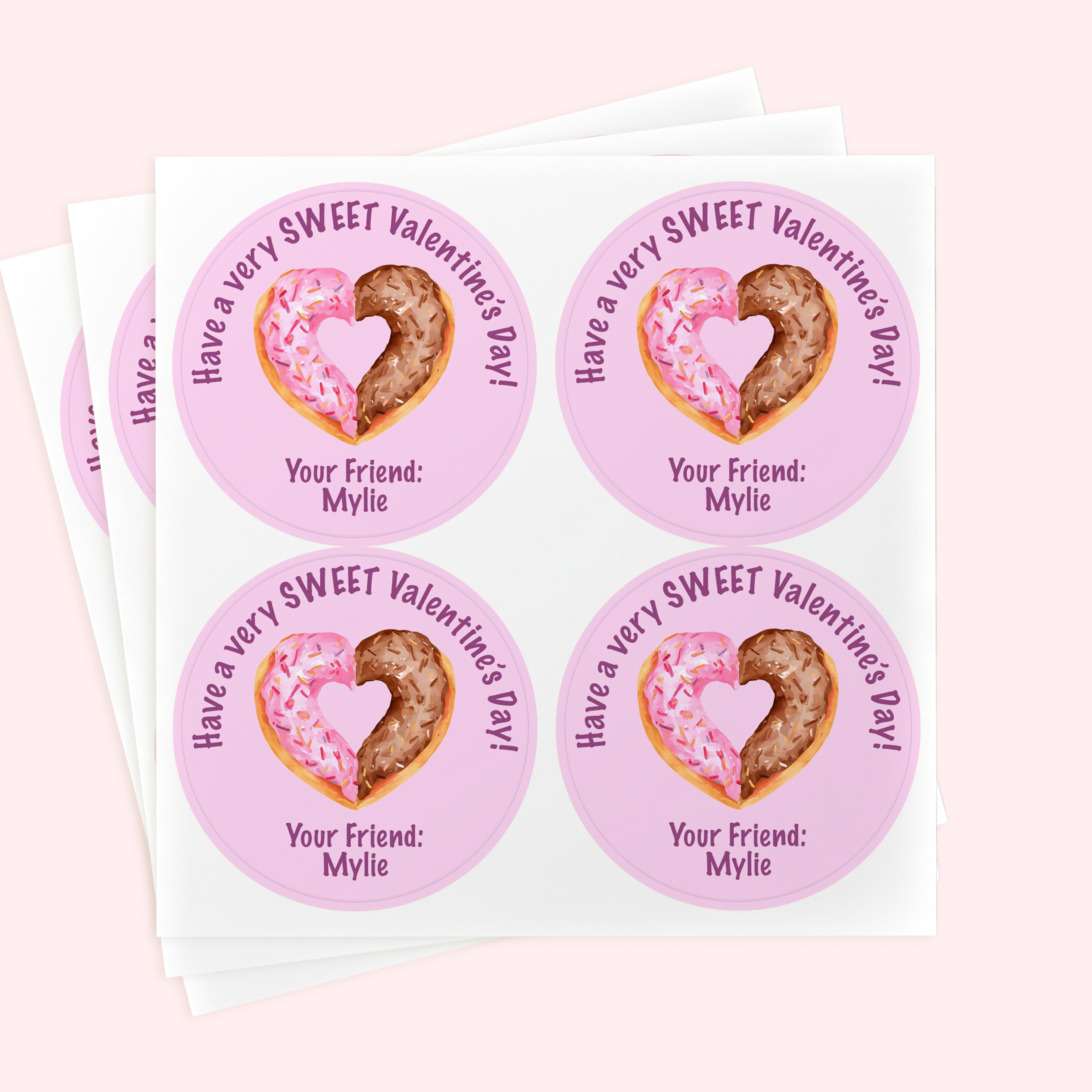 Personalized 2" Round Donut Valentine's Day Sticker Set