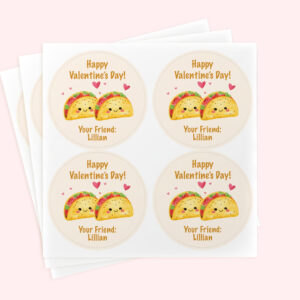 Personalized 2" Round Kawaii Tacos Valentine's Day Sticker Set