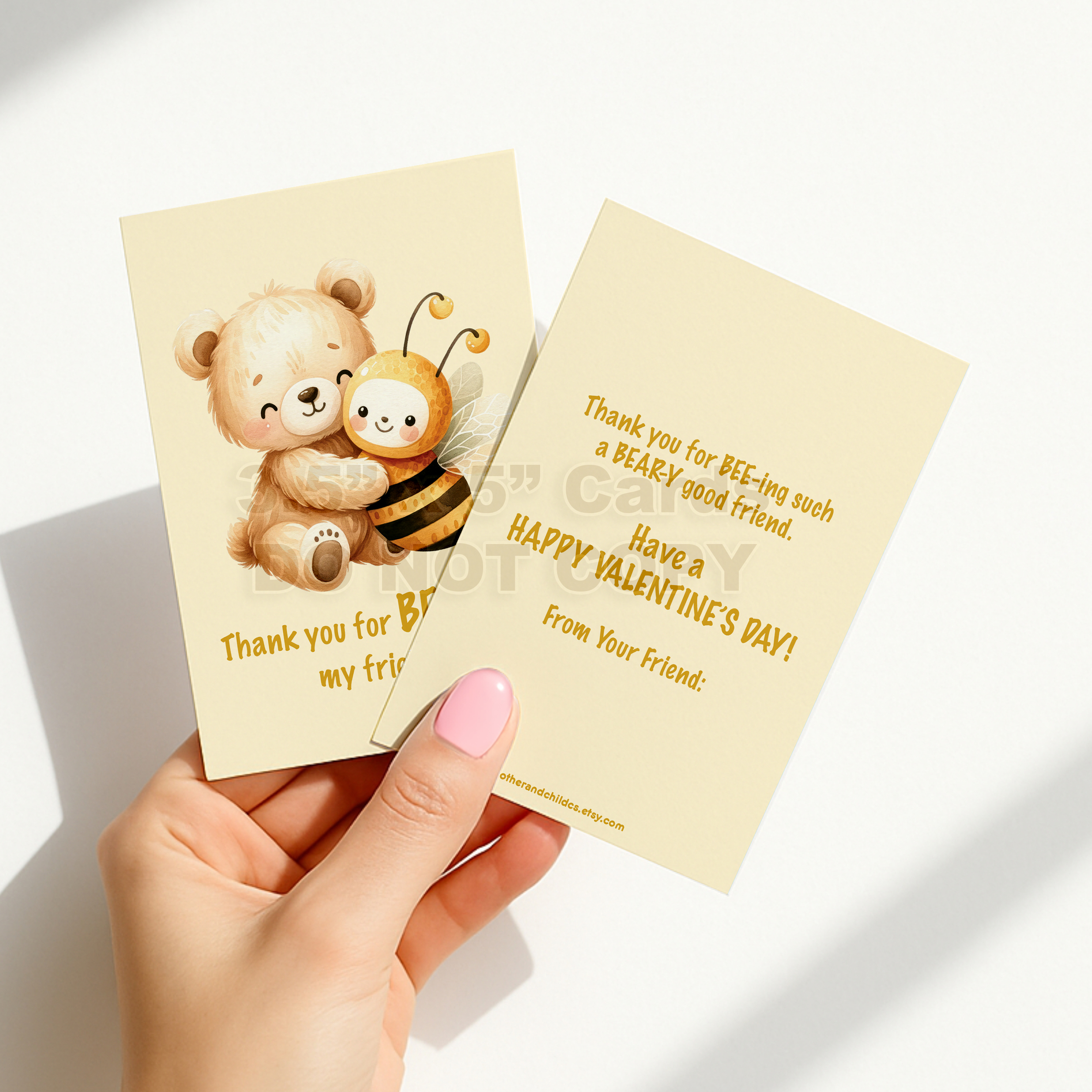 INSTANT Download 3.5" x 5" Non-Personalized Yellow Bee and Bear Double-Sided Printable Valentines