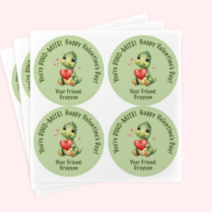 Personalized 2" Round Valentine Dinosaur Sticker Set