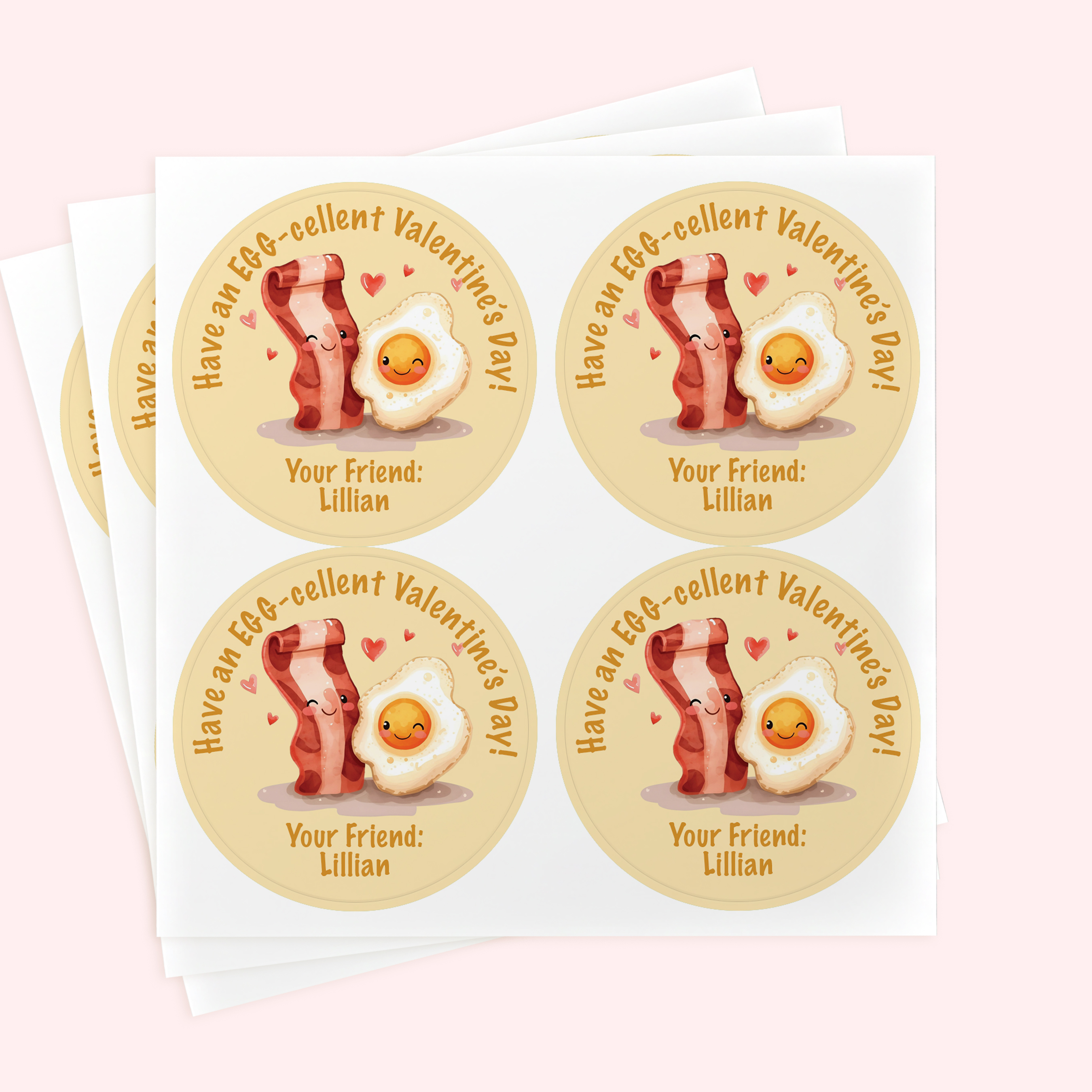 Personalized 2" Round Kawaii Bacon & Egg Valentine's Day Sticker Set