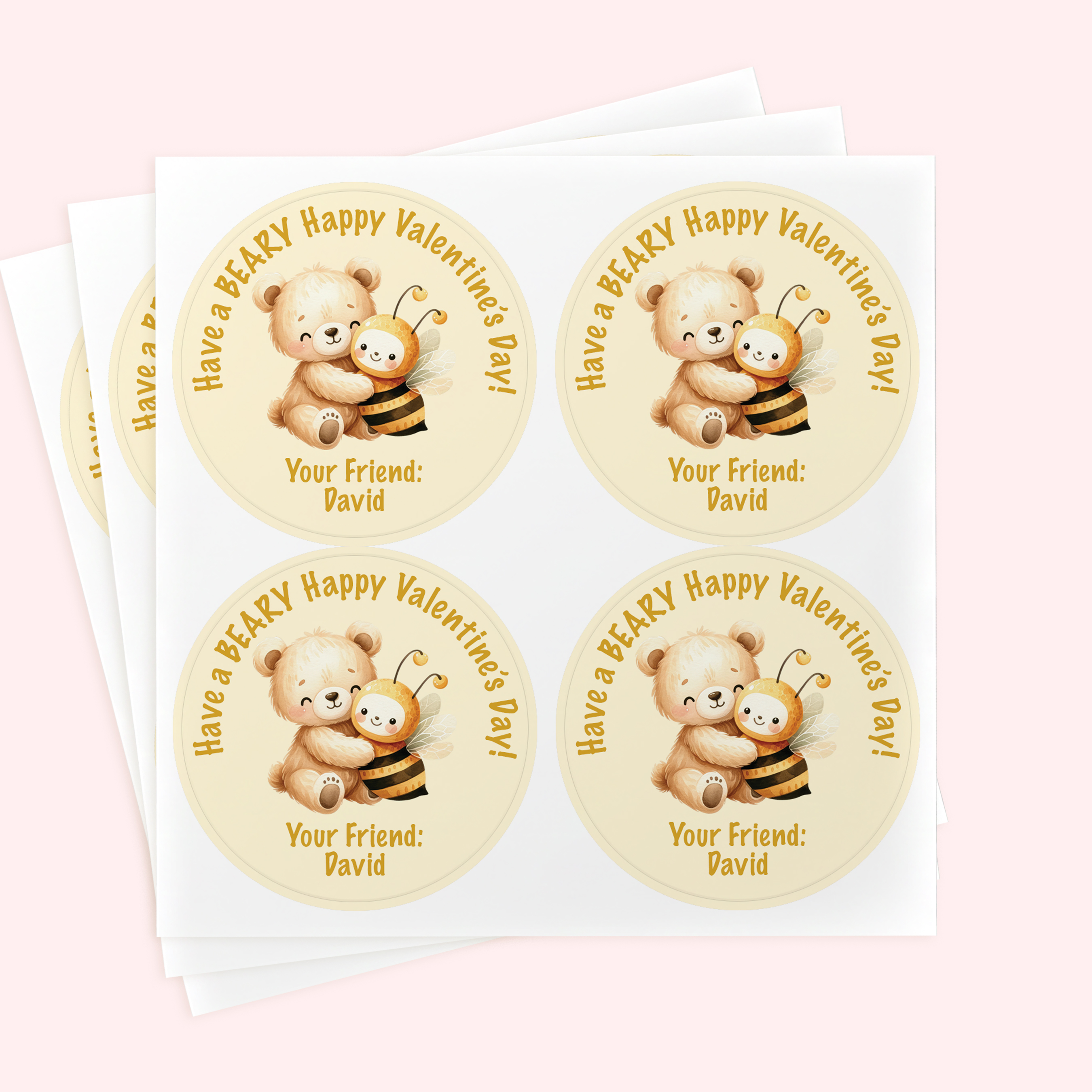 Personalized 2" Round Yellow Bee & Bear Valentine's Day Sticker Set