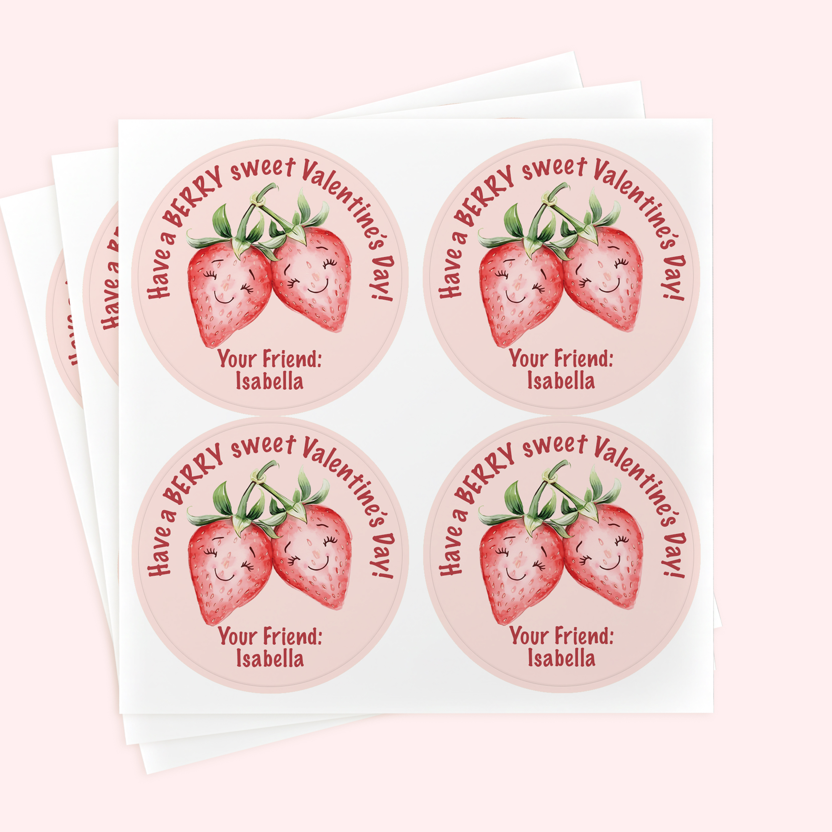 Personalized 2" Round Pink Kawaii Strawberry Valentine's Day Sticker Set