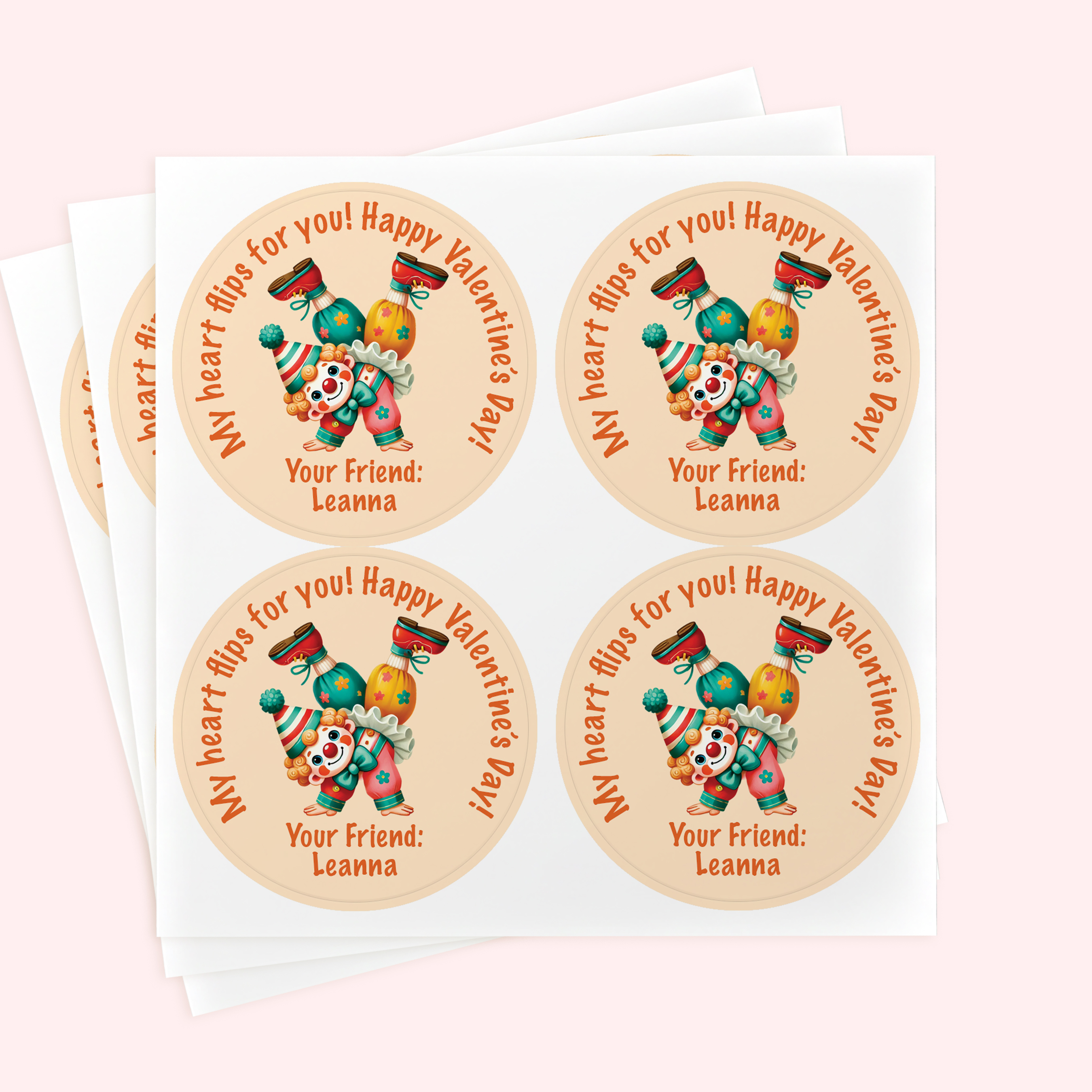 Personalized 2" Round Flipping Circus Clown Valentine's Day Sticker Set
