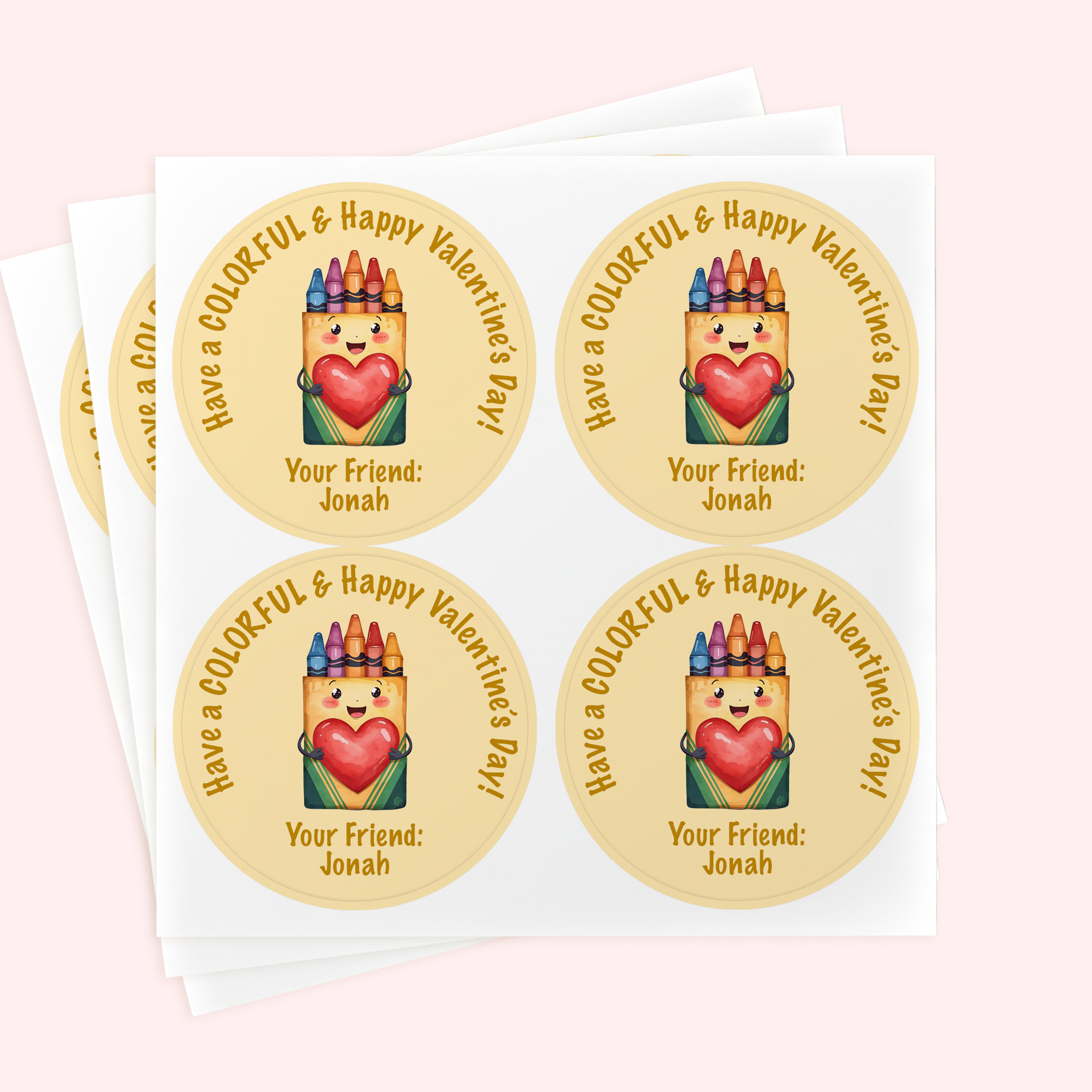 Personalized 2" Round Crayon Valentine's Day Sticker Set