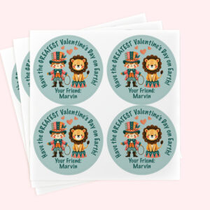 Personalized 2" Round Circus Lion Tamer Valentine's Day Sticker Set