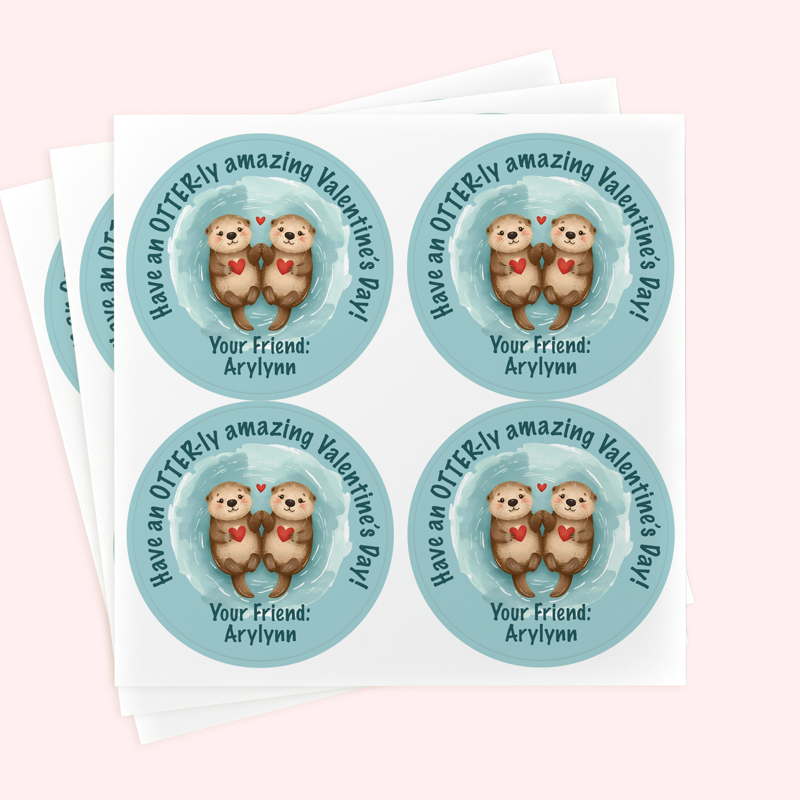 Personalized 2" Round Cute Otters Valentine's Day Sticker Set