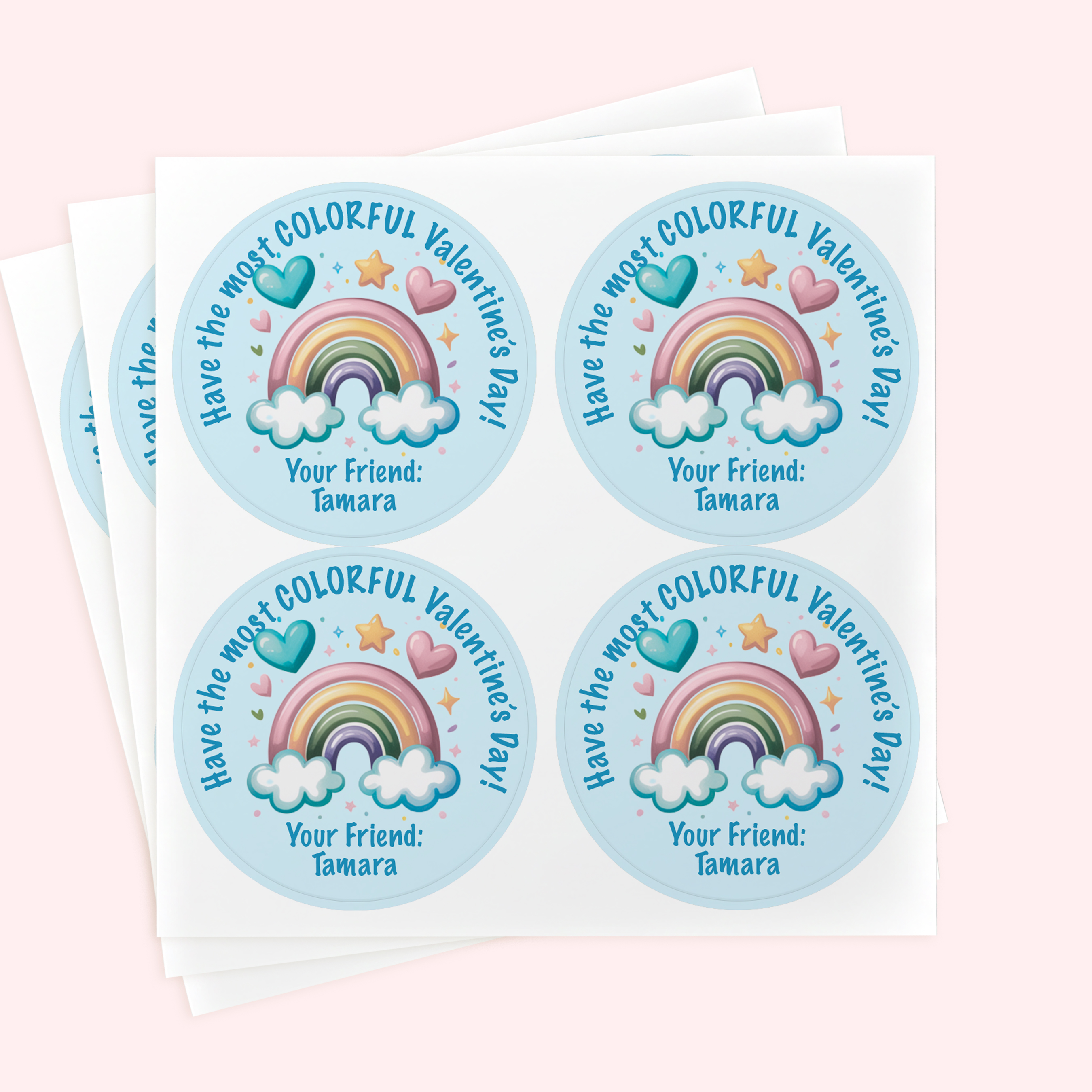 Personalized 2" Round Blue Pastel Rainbow Valentine's Day Sticker Set