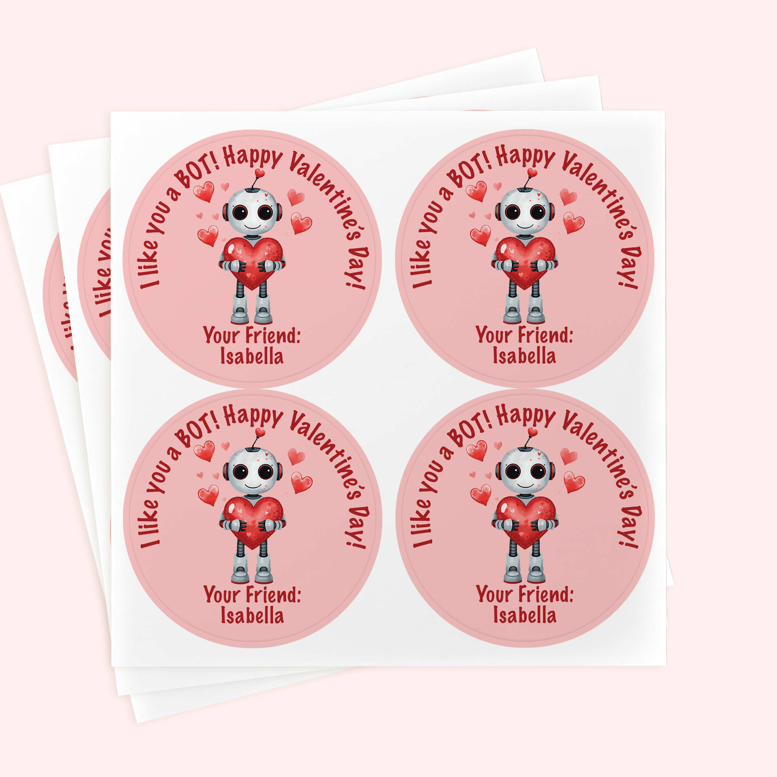 Personalized 2" Round Nuts and Bolts Robot Valentine's Day Sticker Set