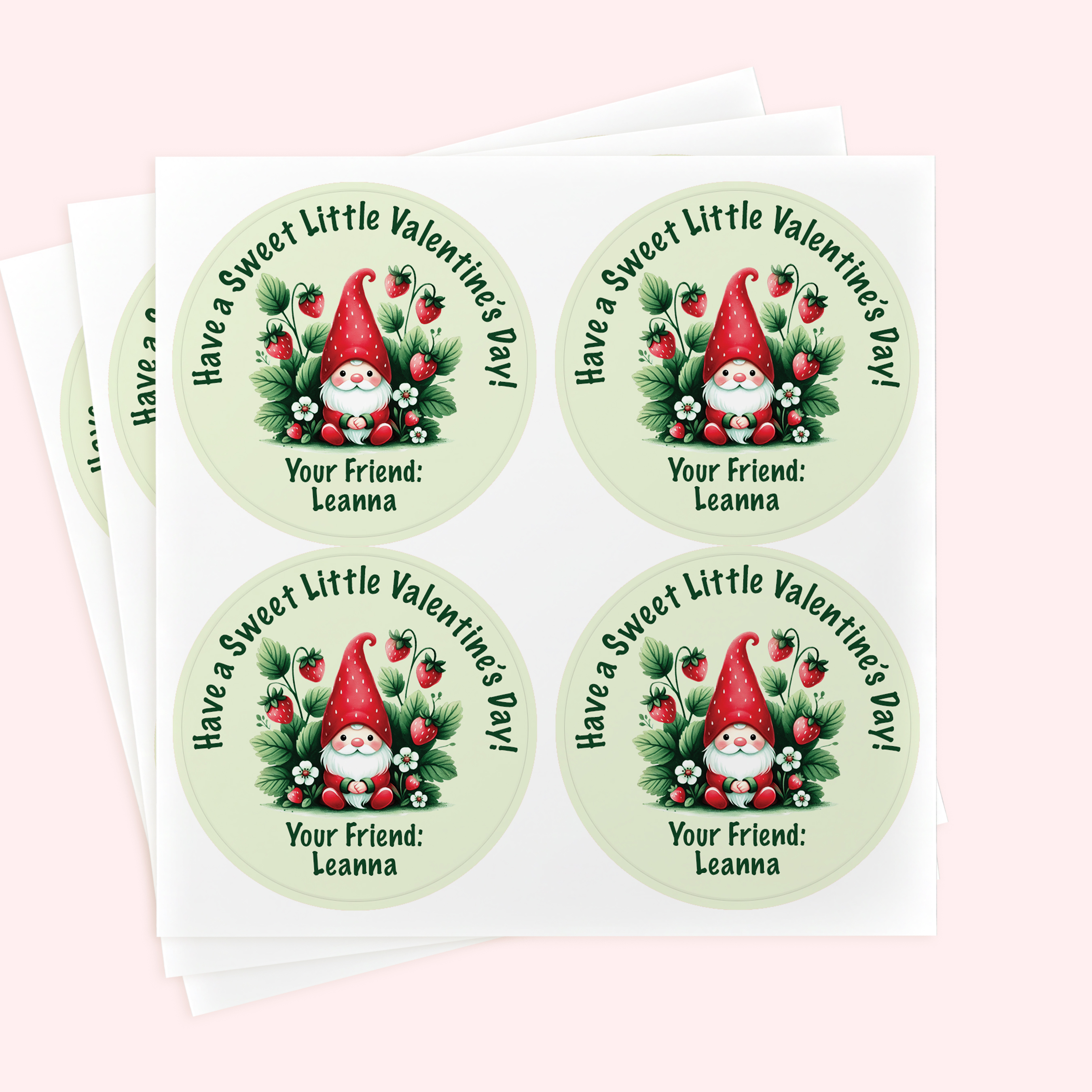 Personalized 2" Round Strawberry Gnome Valentine's Day Sticker Set