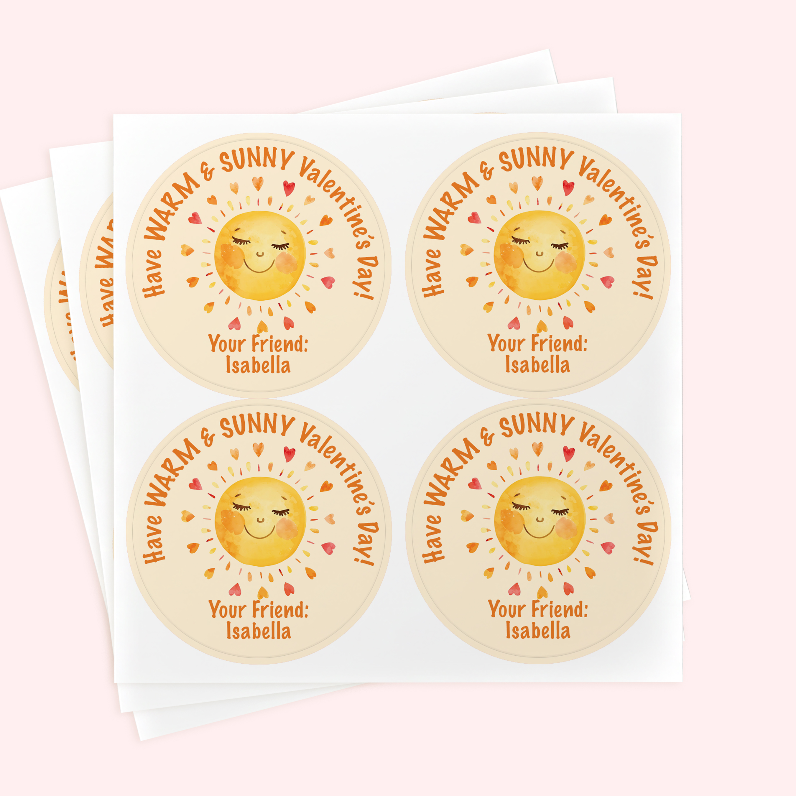 Personalized 2" Round Kawaii Sun Valentine's Day Sticker Set