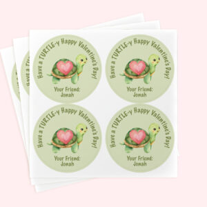 Personalized 2" Round Cute Turtle Valentine's Day Sticker Set