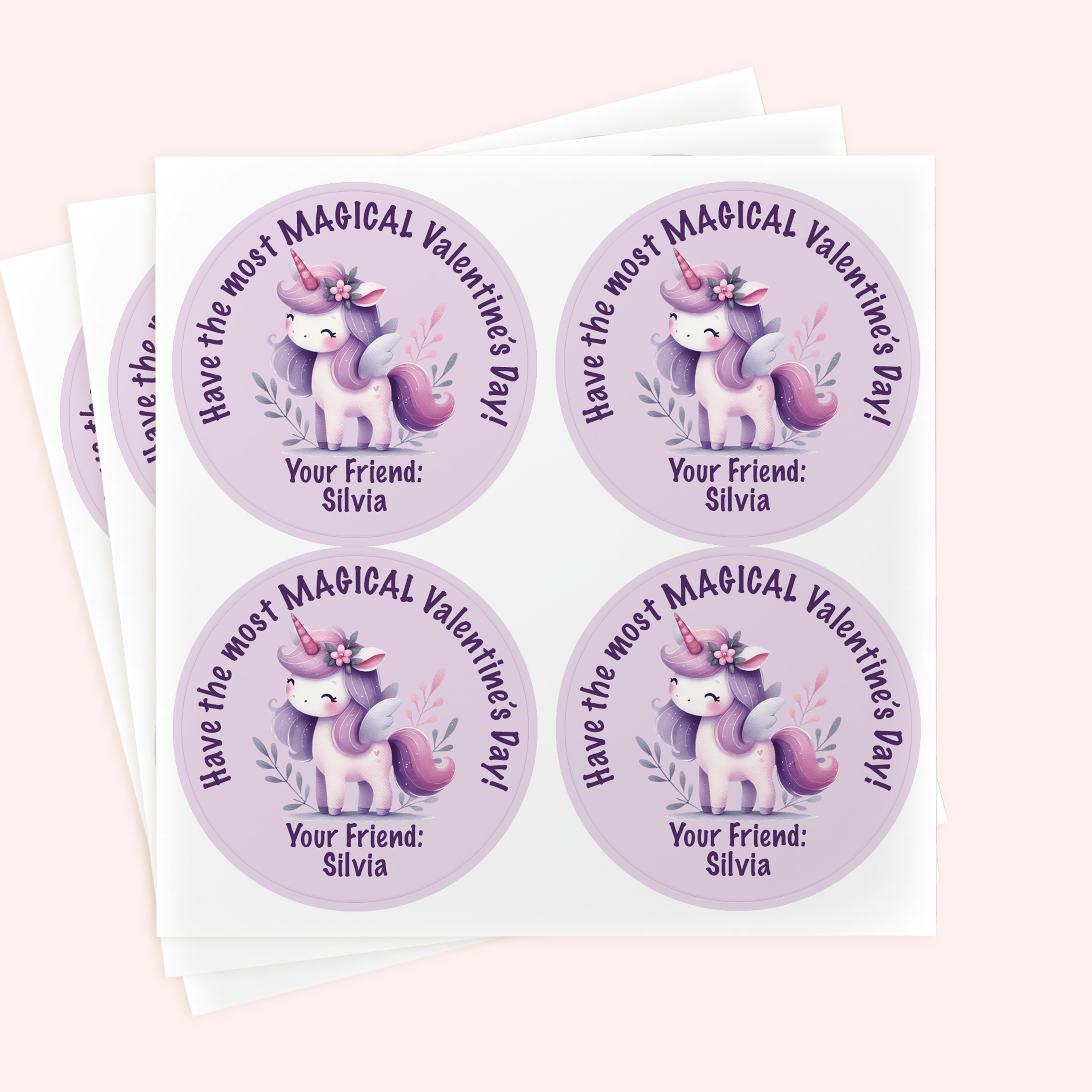 Personalized 2" Round Purple Unicorn Valentine's Day Sticker Set