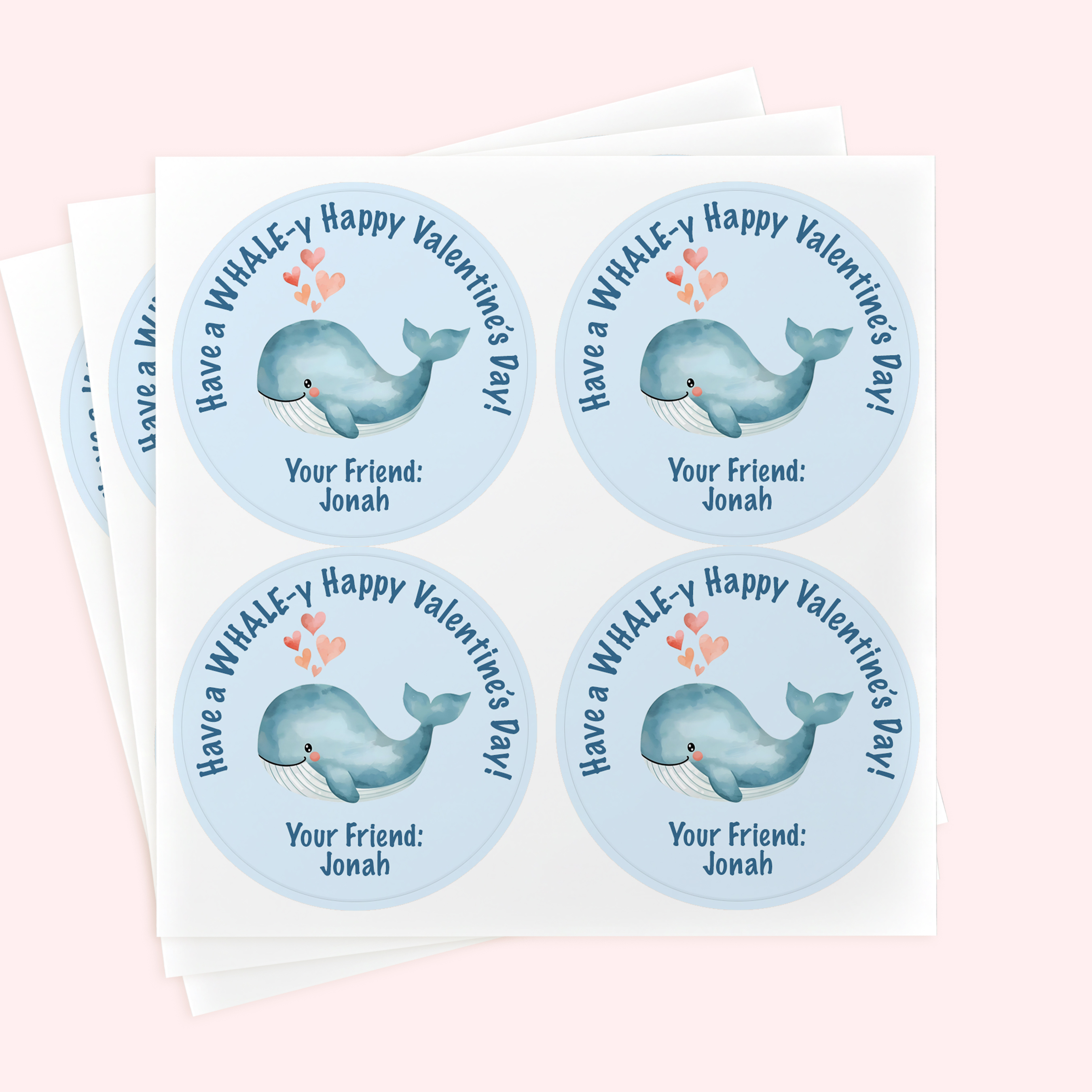 Personalized 2" Round Whale Valentine's Day Sticker Set