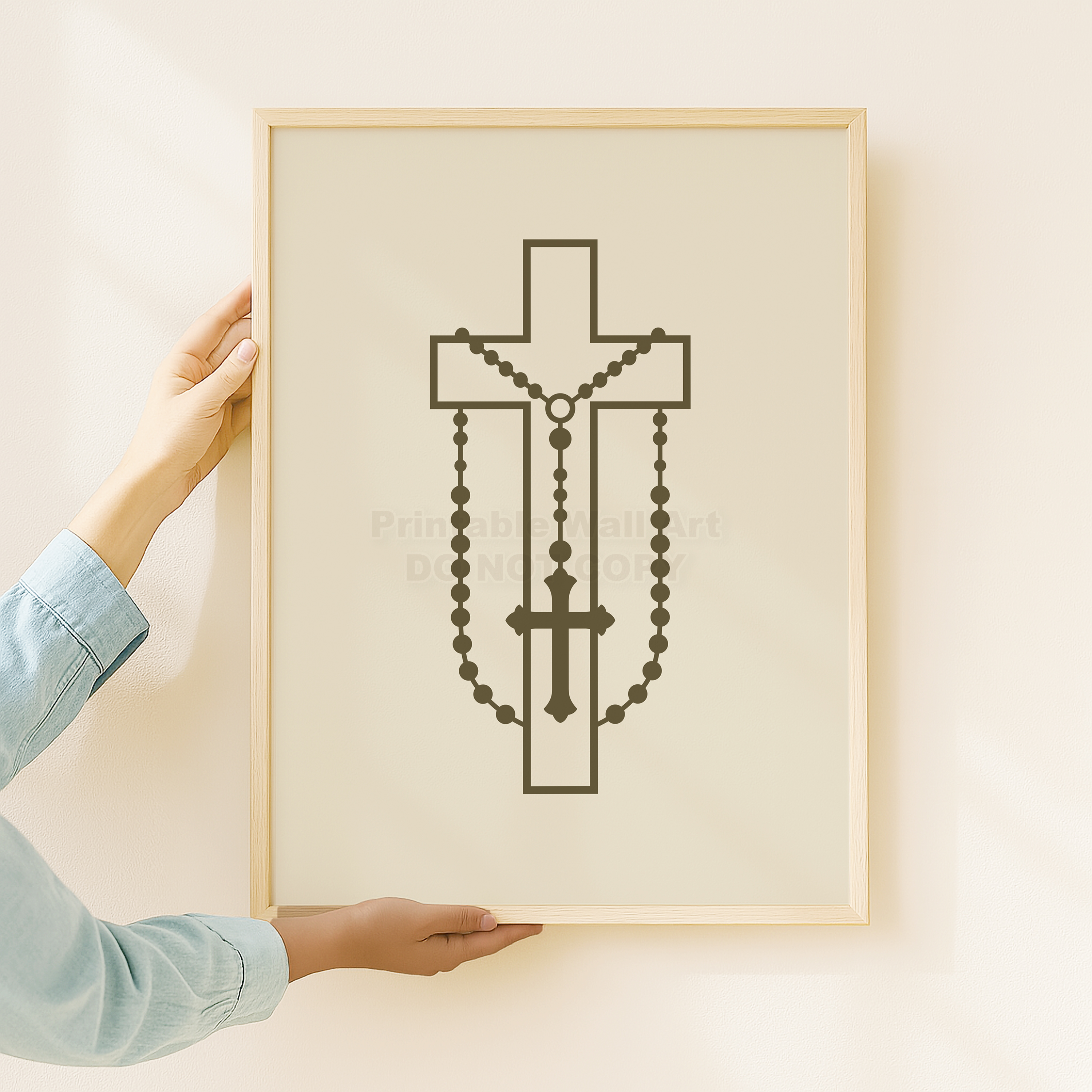 Brown Cross and Rosary Print | Catholic Kids Room Decor (Digital Download 11x14)