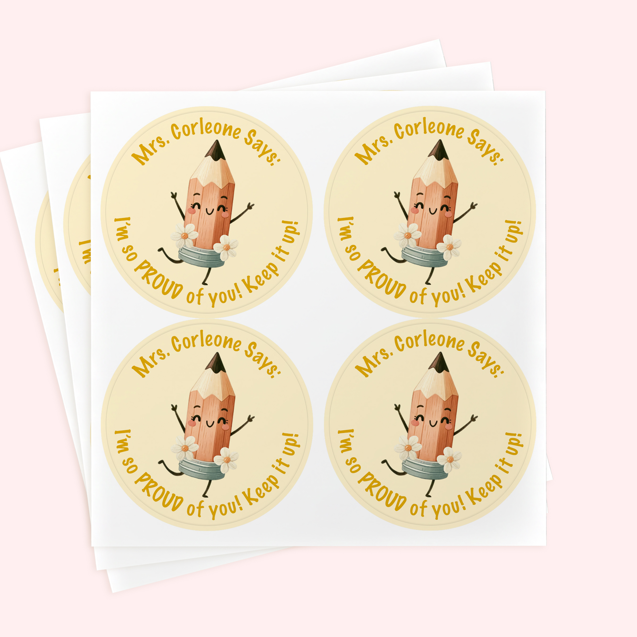 Personalized 2" Round Yellow Pencil Teacher Book Sticker Set