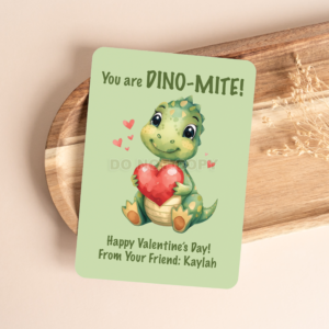 PRINTED PERSONALIZED GREEN DINOSAUR VALENTINE'S DAY CARDS - (A2 SIZE 4.25″ x 5.5″)
