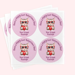 Personalized 2" Round Purple Kitten Valentine's Day Sticker Set