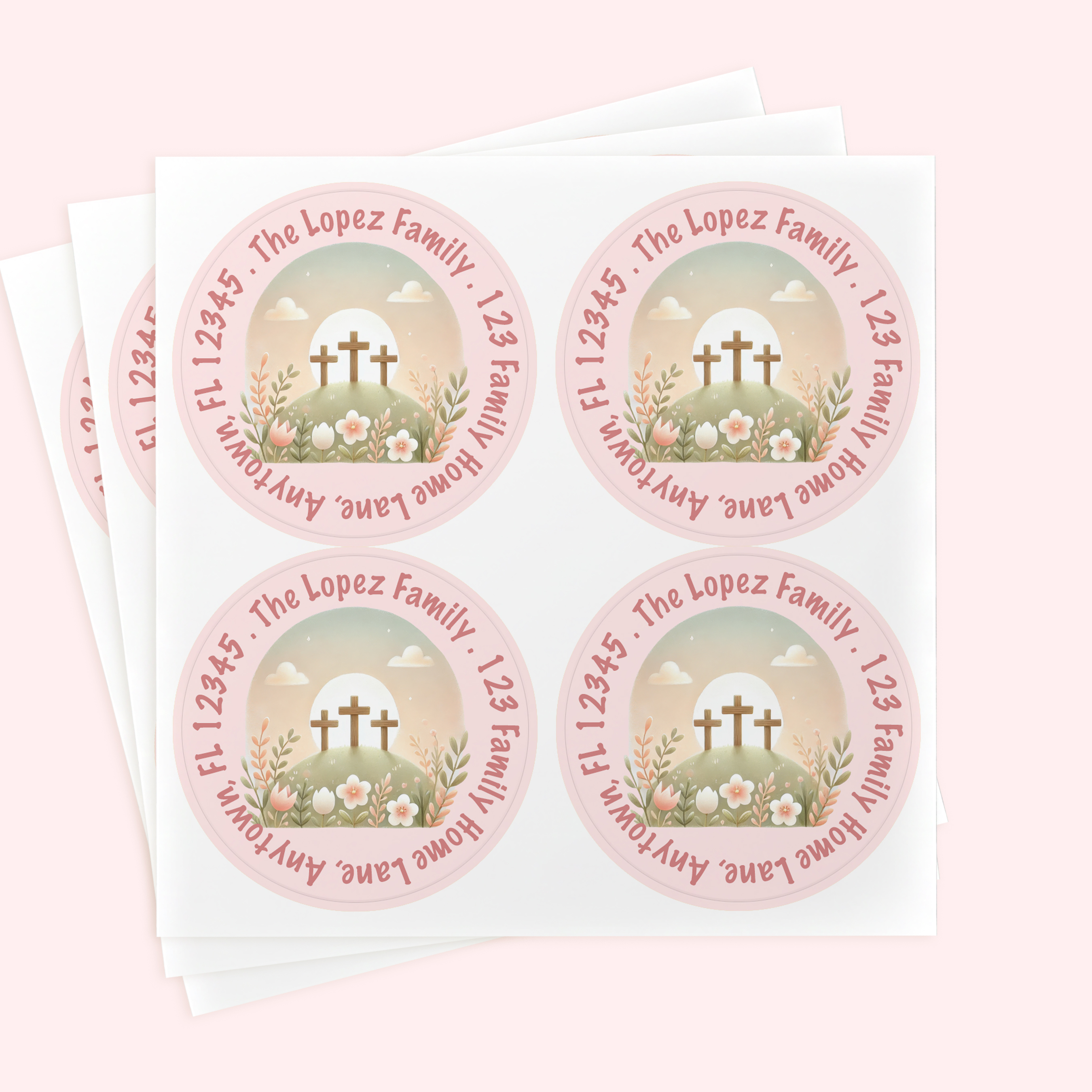Personalized 2" Round Pink Easter Cross Return Address Labels