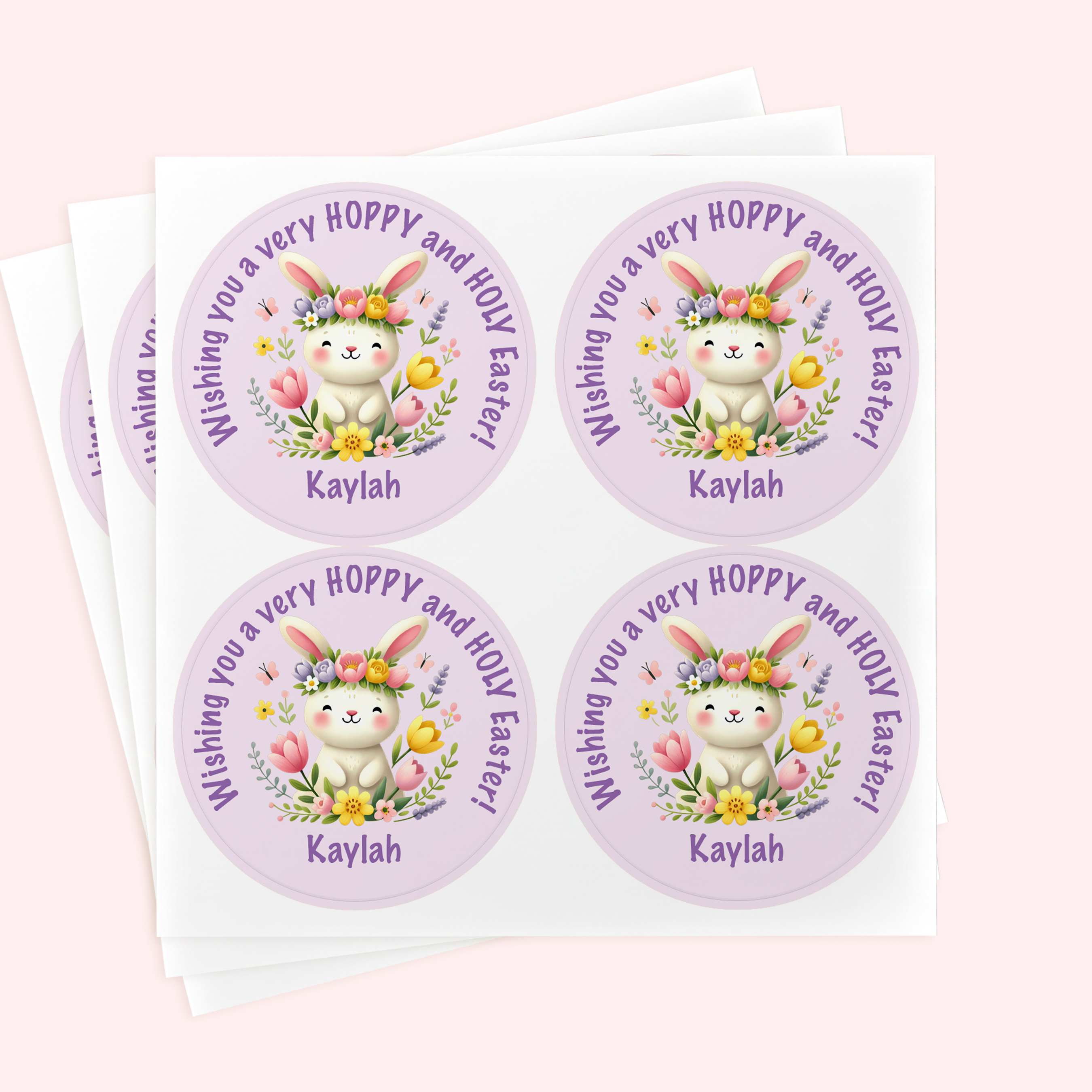 Personalized 2" Round Purple Flower Easter Bunny Easter Sticker Set